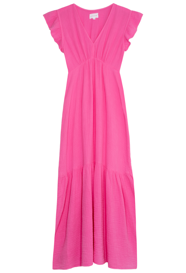 a hot pink gauze maxi dress with short flutter sleeves and a v-neck with a gathered waist and tiered skirt. transparent background.