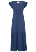 a navy gauze maxi dress with short flutter sleeves and a v-neck with a gathered waist and tiered skirt. transparent background.