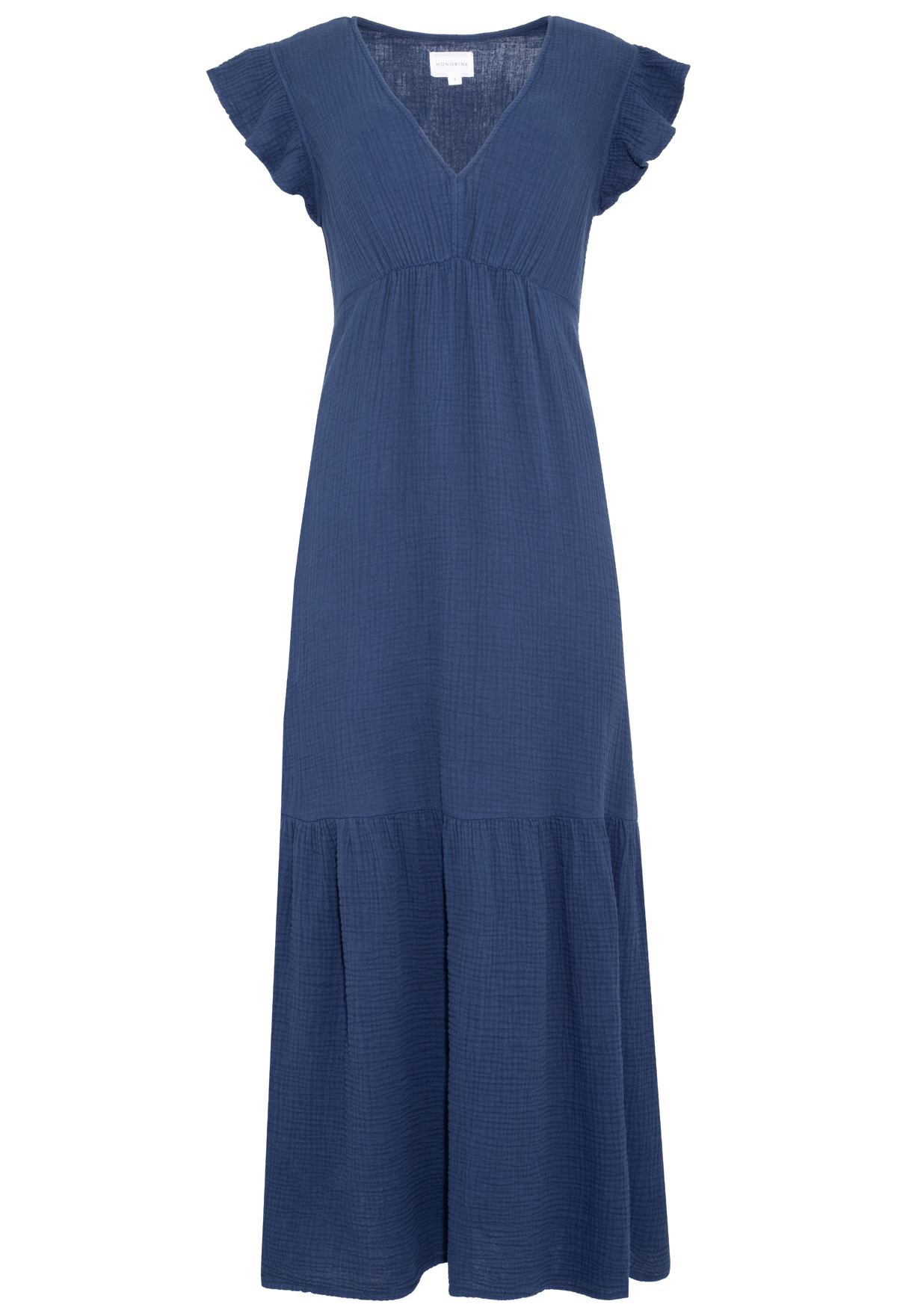 a navy gauze maxi dress with short flutter sleeves and a v-neck with a gathered waist and tiered skirt. transparent background.
