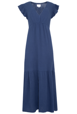 a navy gauze maxi dress with short flutter sleeves and a v-neck with a gathered waist and tiered skirt. transparent background.
