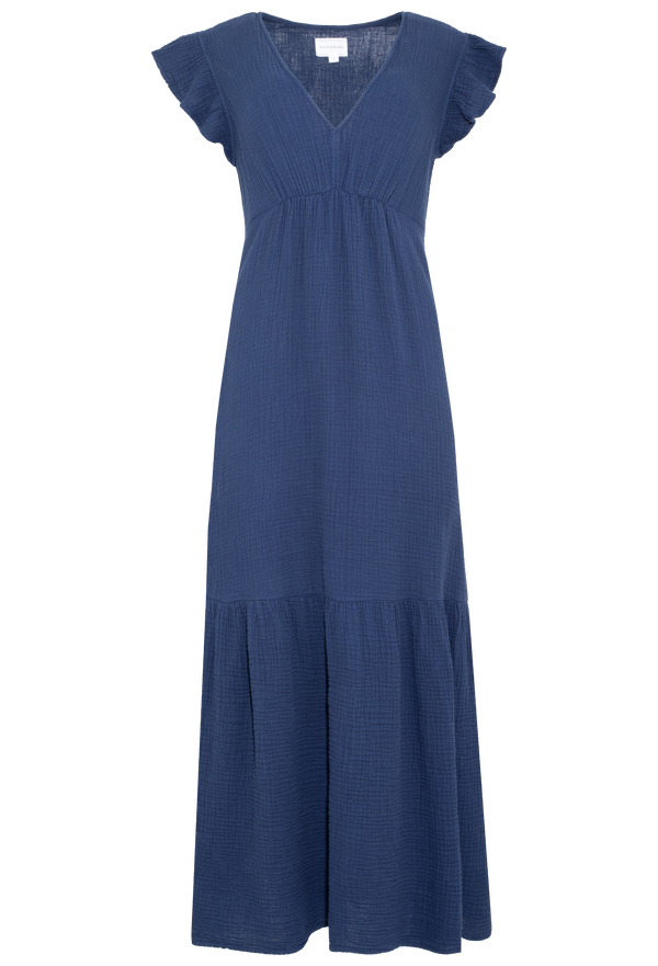 a navy gauze maxi dress with short flutter sleeves and a v-neck with a gathered waist and tiered skirt. transparent background.