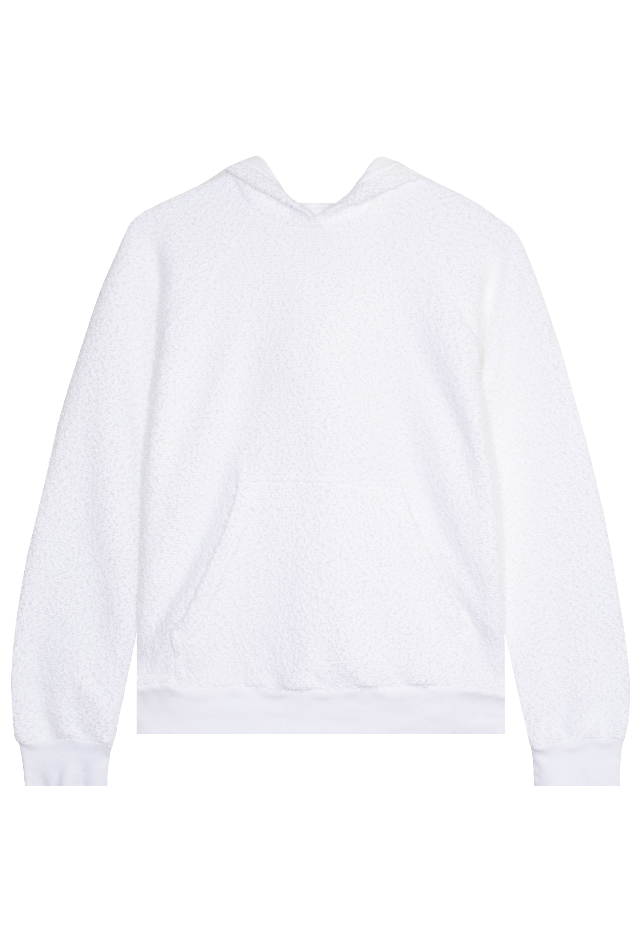 a white boucle hoodie with a front pocket. transparent background.