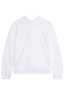 a white boucle hoodie with a front pocket. transparent background.