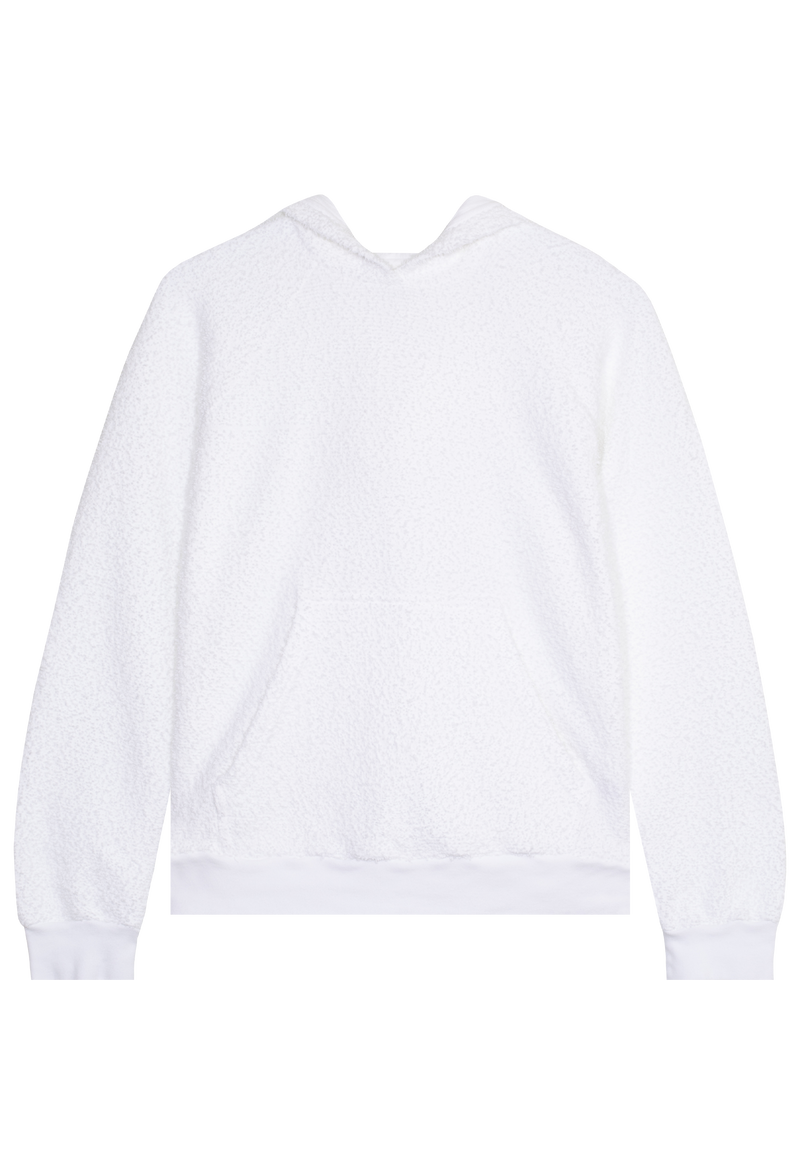a white boucle hoodie with a front pocket. transparent background.