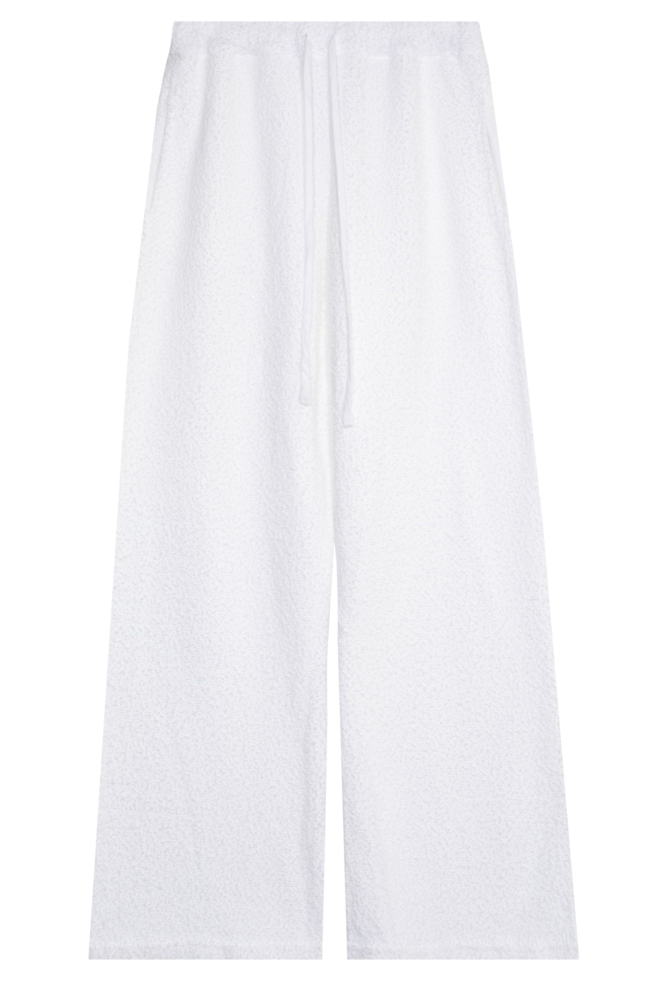 white boucle wide leg sweatpant with a drawstring waist. transparent background.