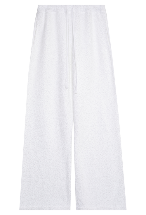 white boucle wide leg sweatpant with a drawstring waist. transparent background.