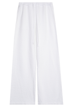 white boucle wide leg sweatpant with a drawstring waist. transparent background.