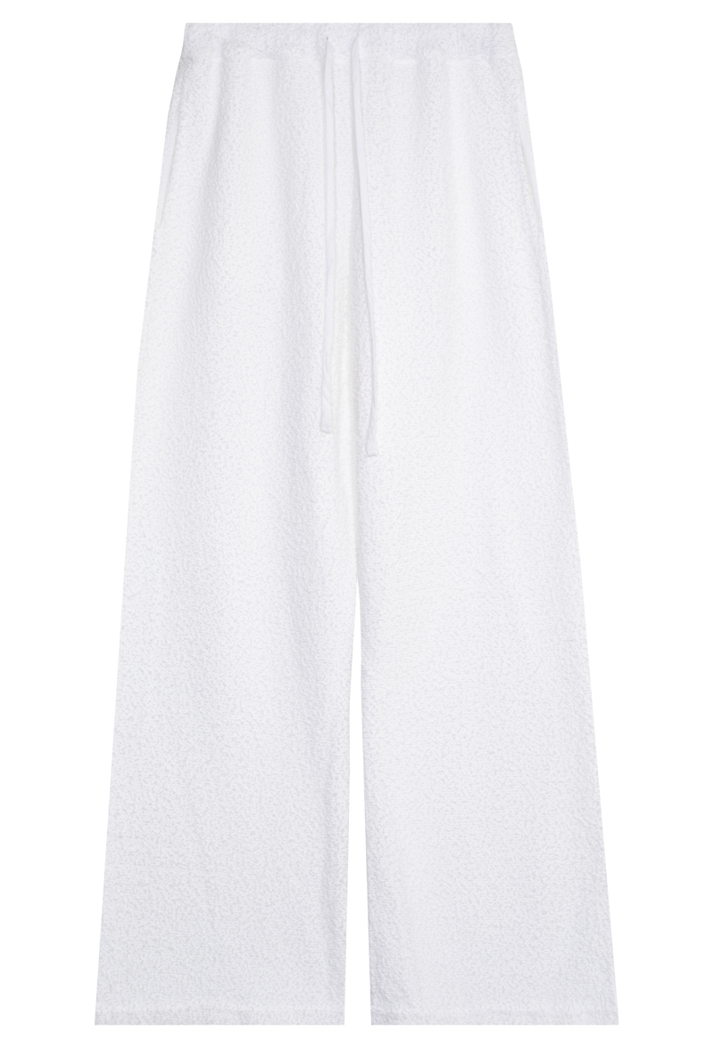 white boucle wide leg sweatpant with a drawstring waist. transparent background.