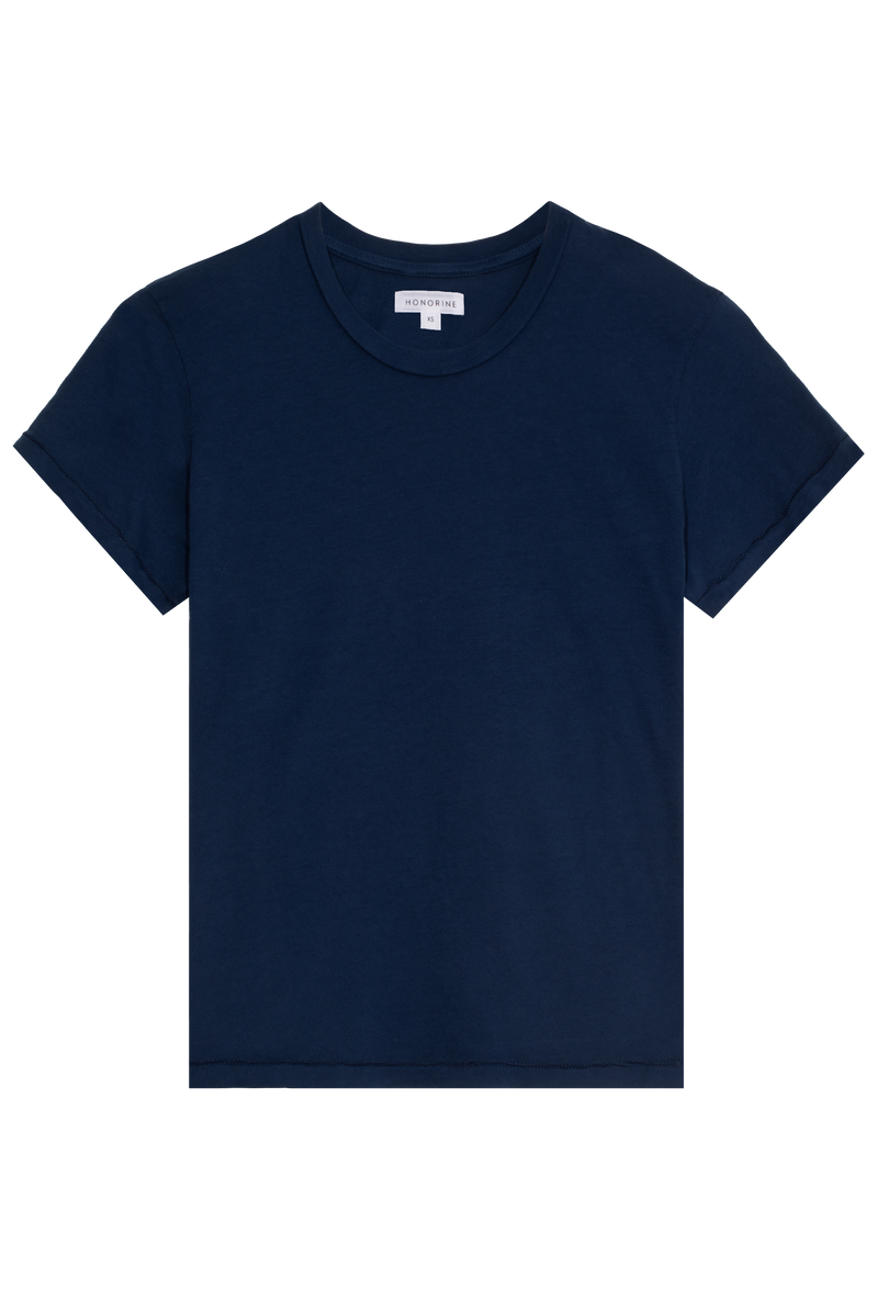 a dark blue crewneck t-shirt. transparent background.