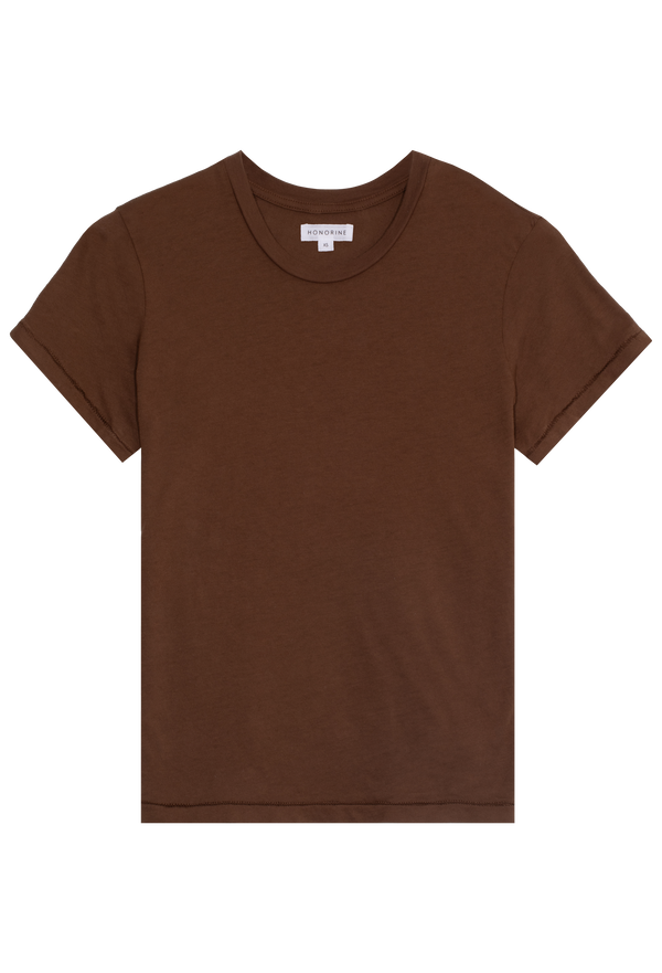 a brown crewneck t-shirt. transparent background.