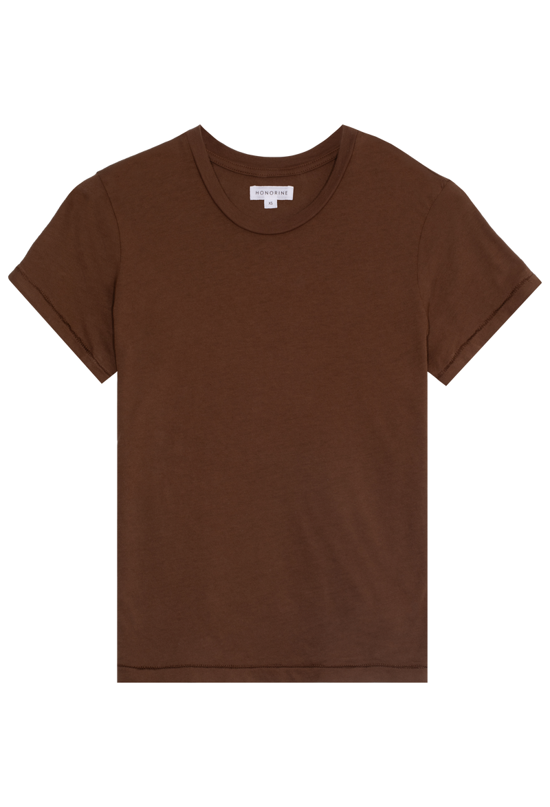 a brown crewneck t-shirt. transparent background.