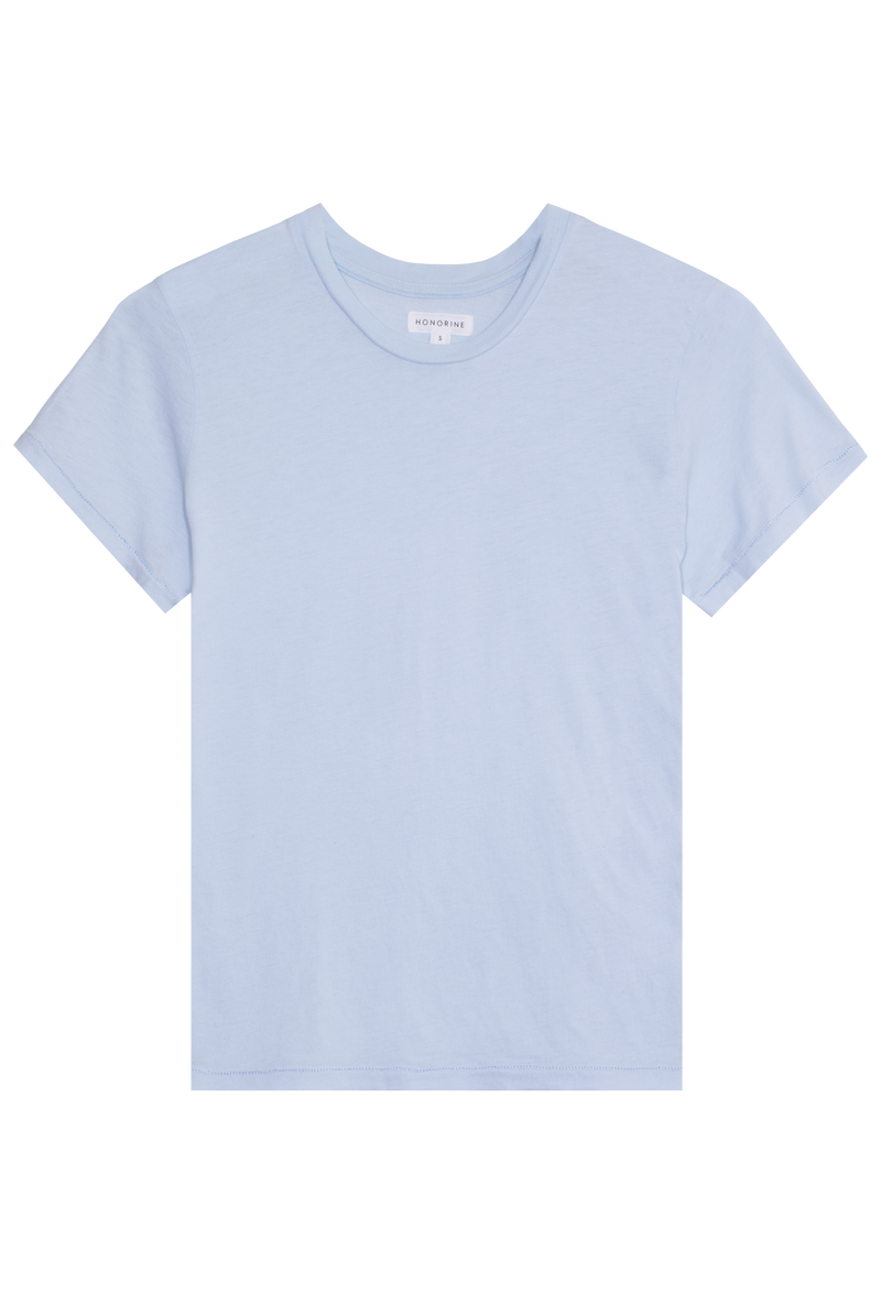 a light blue crewneck t-shirt. transparent background.