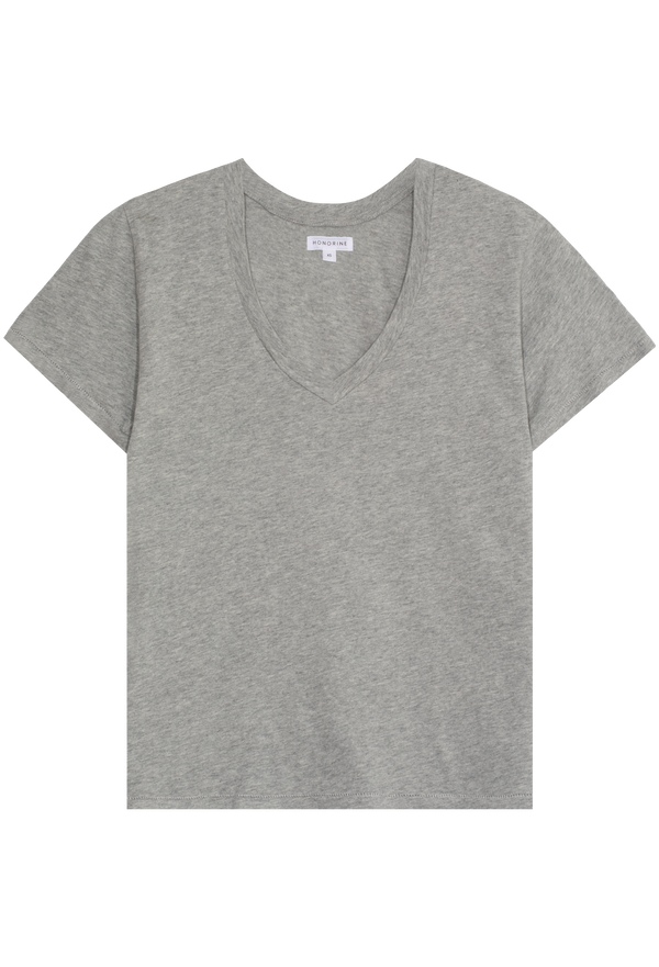 a heather grey v-neck t-shirt. transparent background.