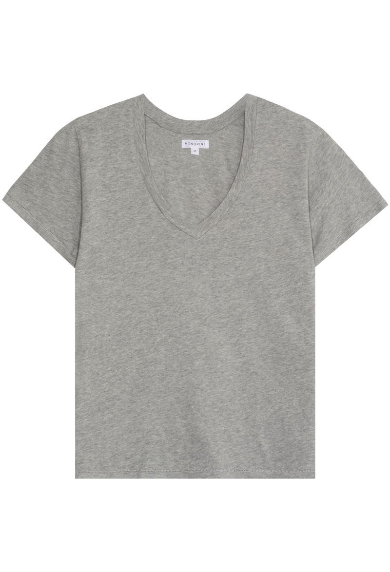 a heather grey v-neck t-shirt. transparent background.