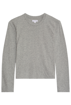 a heather grey long sleeve t-shirt. transparent background.