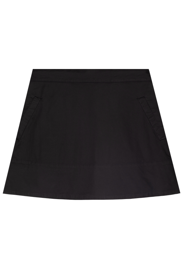 a black short a-line skirt with two side slit pockets. transparent background.