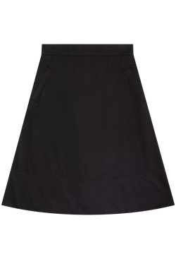 a black midi a-line skirt with two side slit pockets. transparent background.