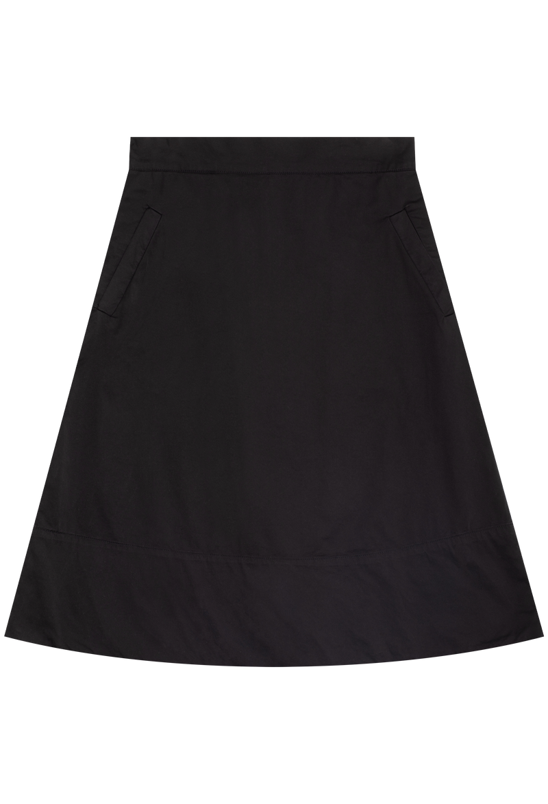 a black midi a-line skirt with two side slit pockets. transparent background.