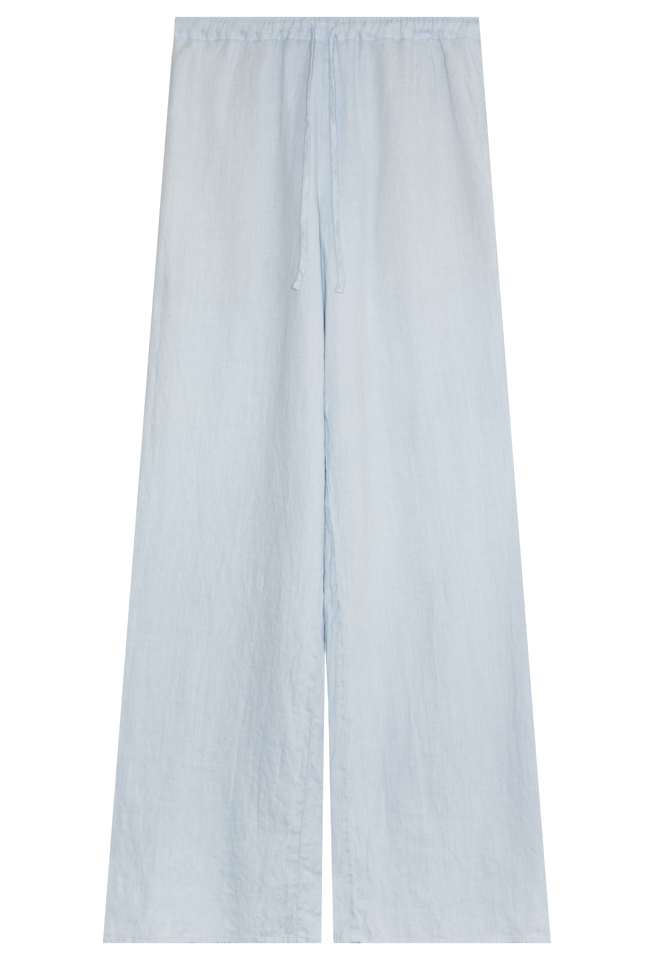 a light blue linen pant with a drawstring waistband. transparent background.