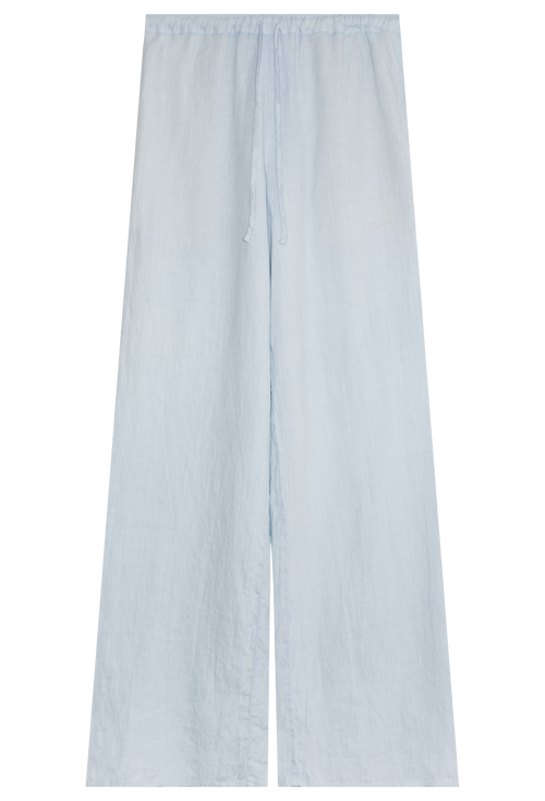a light blue linen pant with a drawstring waistband. transparent background.