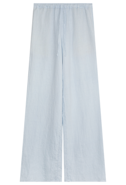 a light blue linen pant with a drawstring waistband. transparent background.