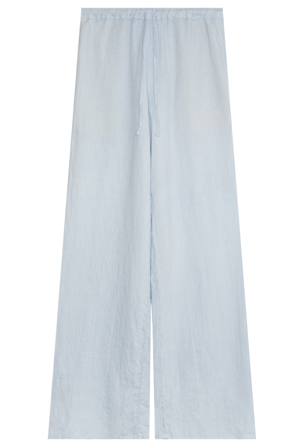 a light blue linen pant with a drawstring waistband. transparent background.
