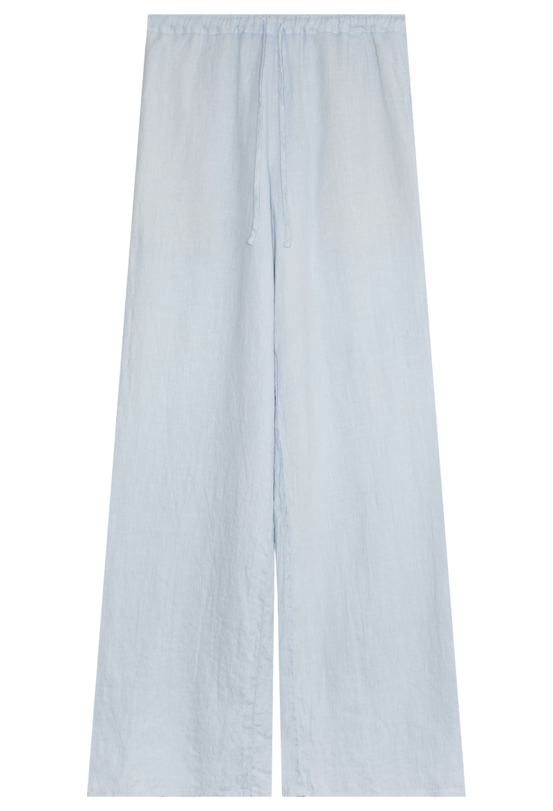 a light blue linen pant with a drawstring waistband. transparent background.