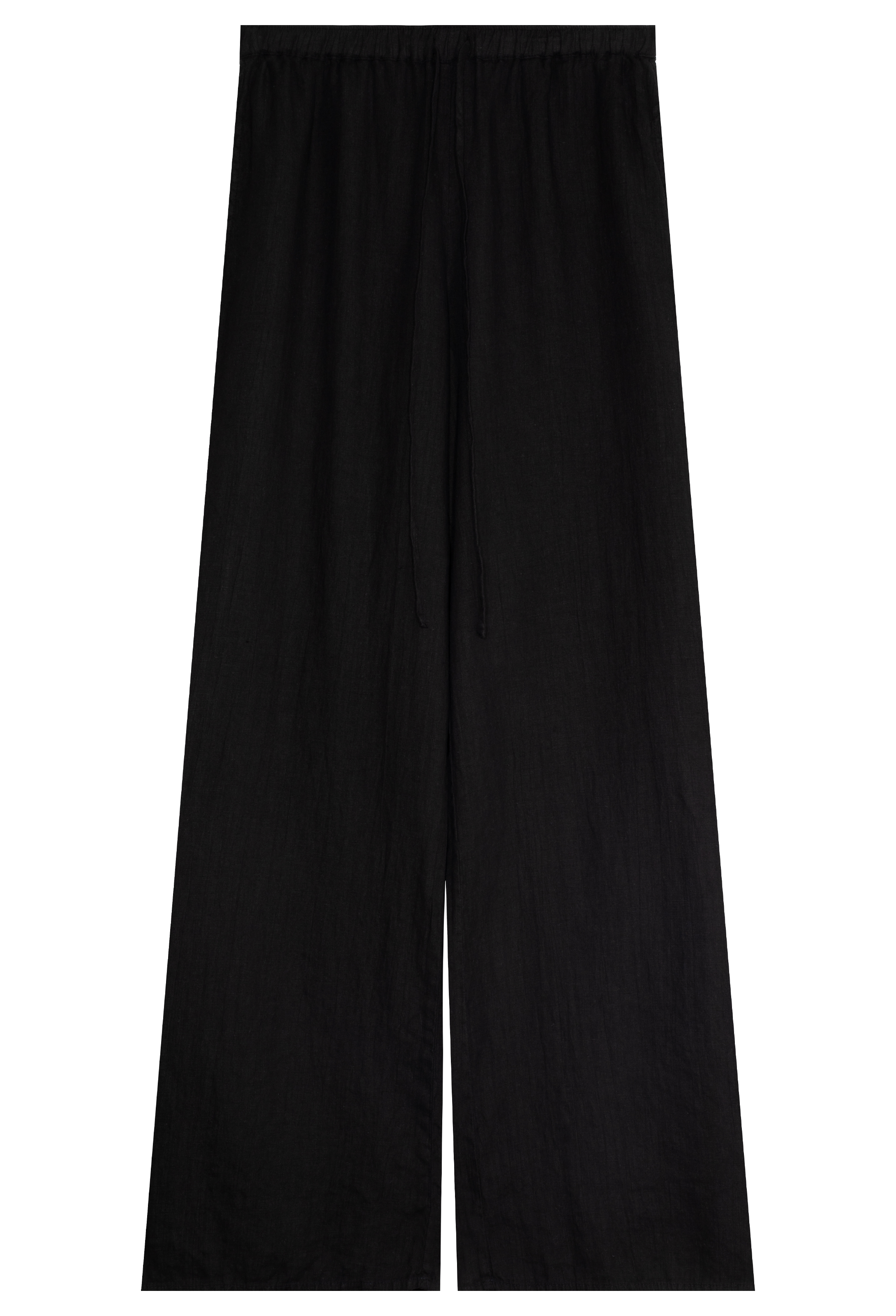 a black linen pant with a drawstring waistband. transparent background.