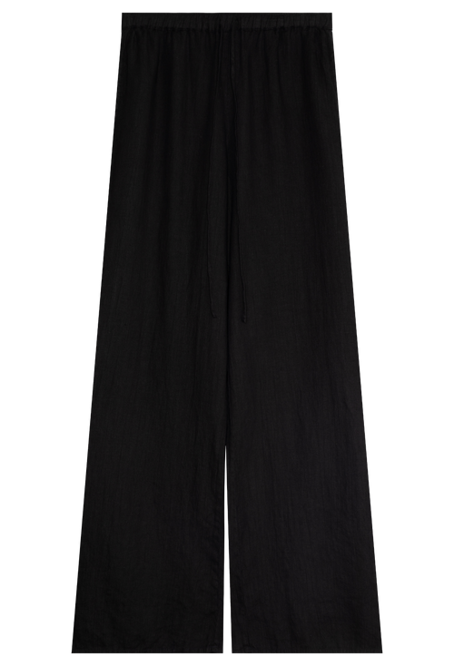 a black linen pant with a drawstring waistband. transparent background.