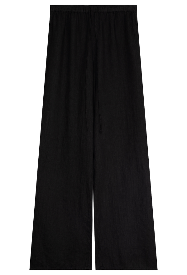 a black linen pant with a drawstring waistband. transparent background.