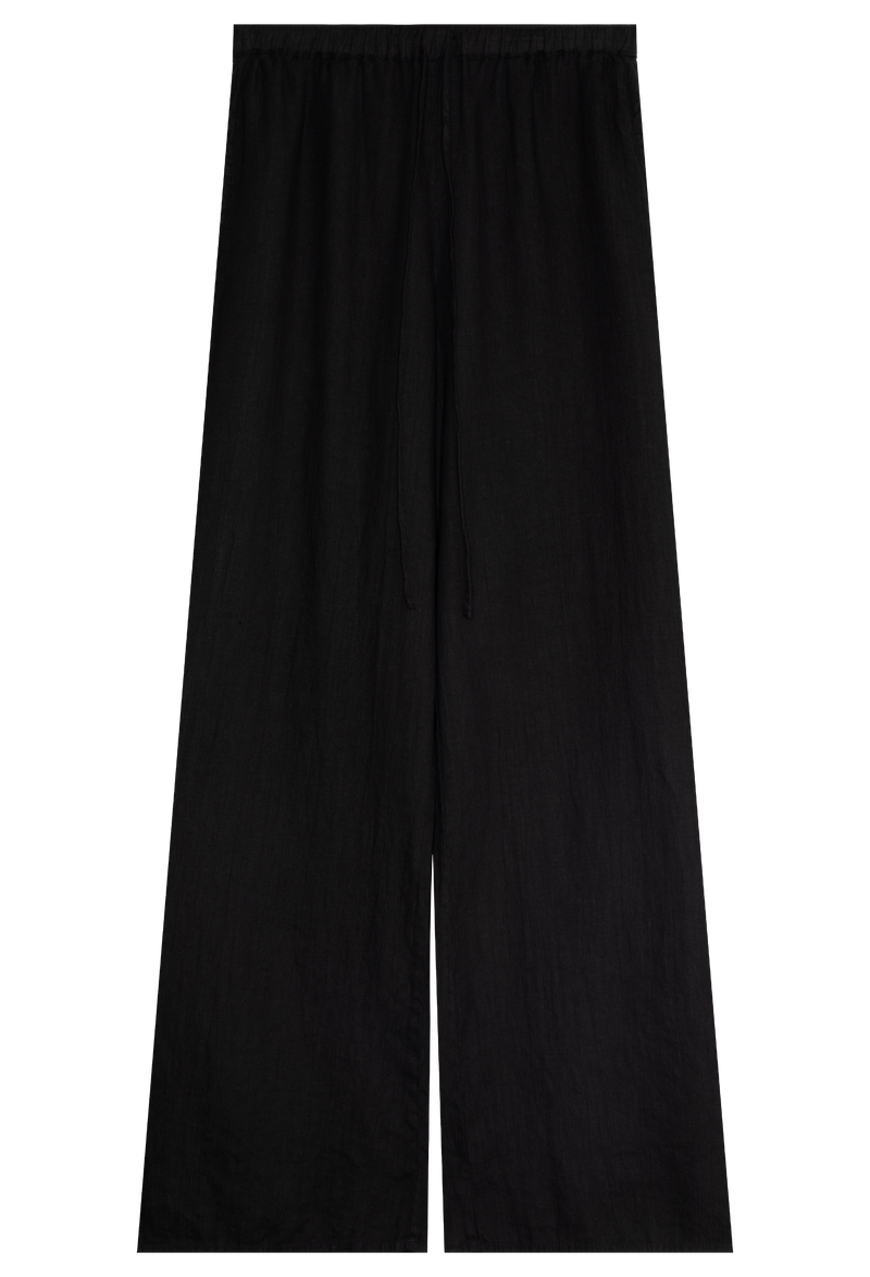 a black linen pant with a drawstring waistband. transparent background.