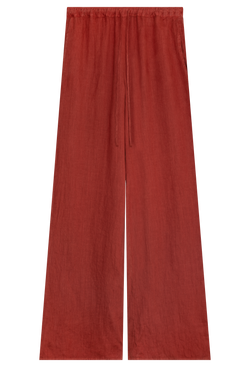 a rust brown linen pant with a drawstring waistband. transparent background.