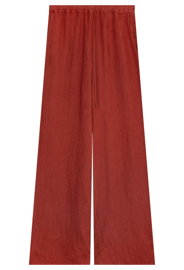 a rust brown linen pant with a drawstring waistband. transparent background.