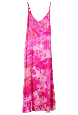 a pink and white tie dyed midi slip dress. transparent background.
