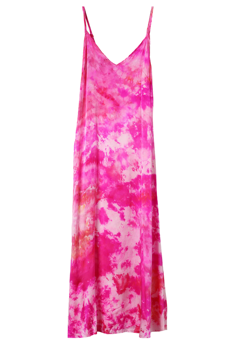 a pink and white tie dyed midi slip dress. transparent background.