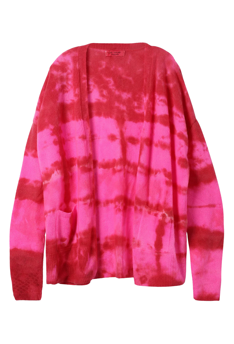 a red and pink tie dyed open cardigan with two front pockets. transparent background