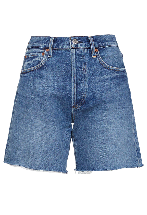 high waisted dark wash denim shorts. white background.