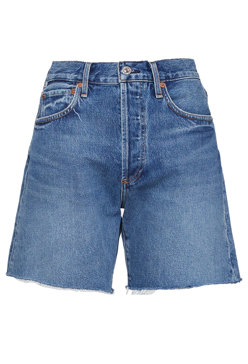 high waisted dark wash denim shorts. white background.