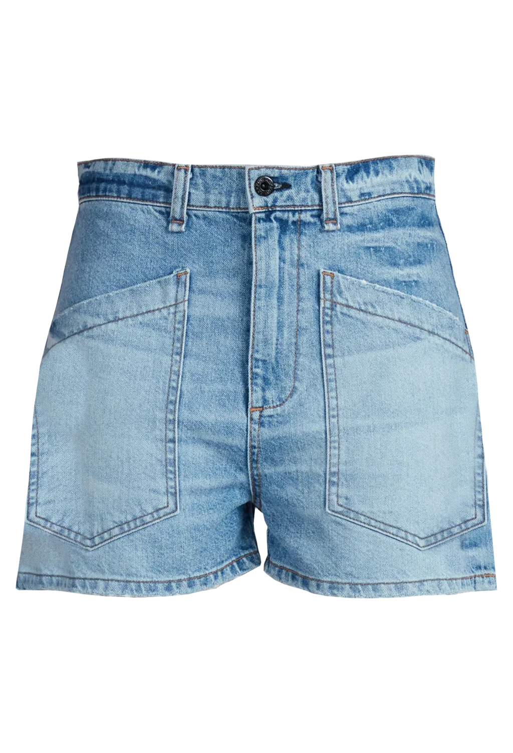 light denim shorts with two large patch pockets. transparent background.