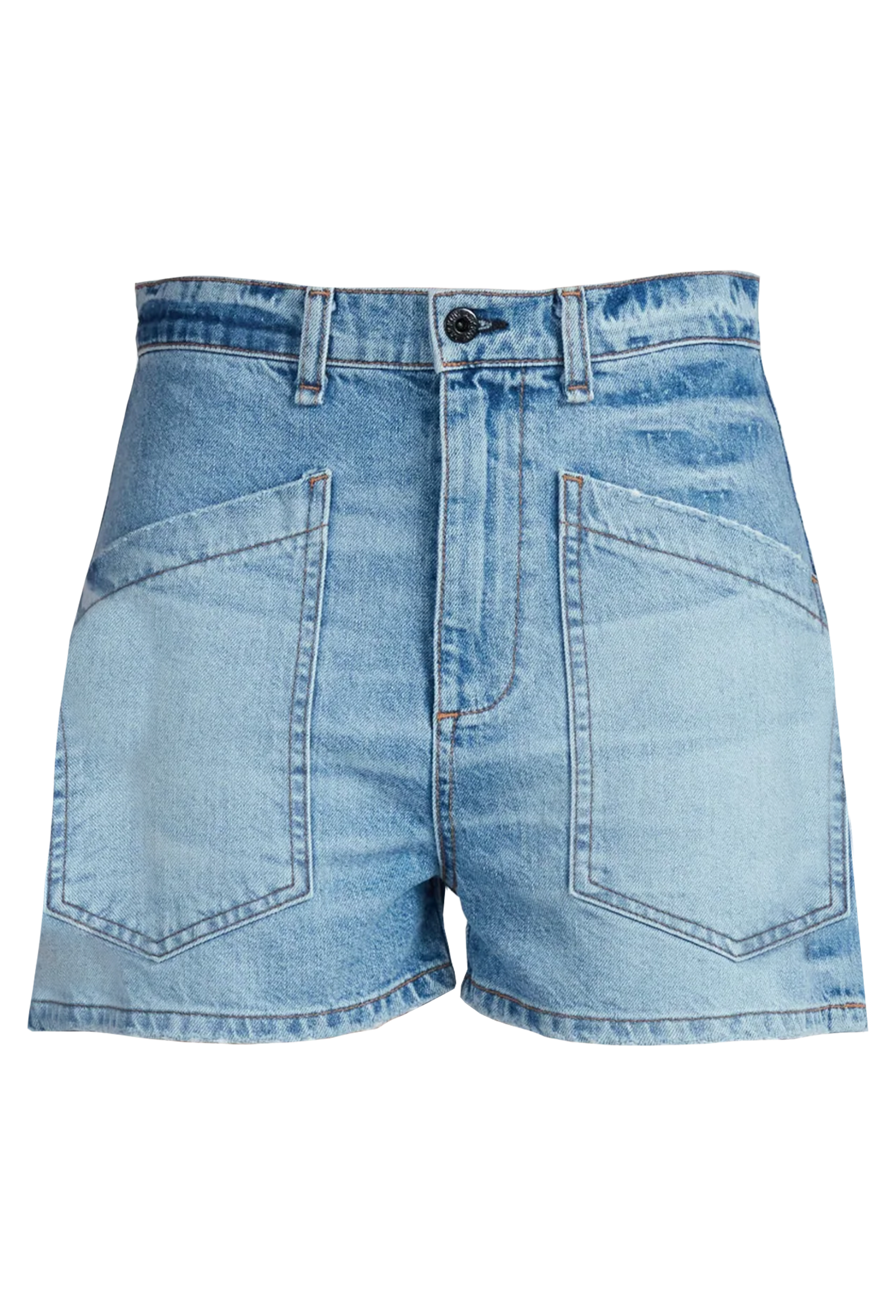 light denim shorts with two large patch pockets. transparent background.