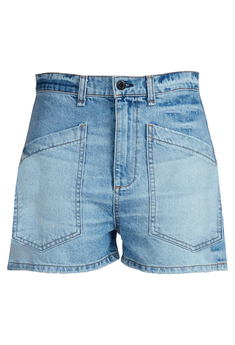 light denim shorts with two large patch pockets. transparent background.