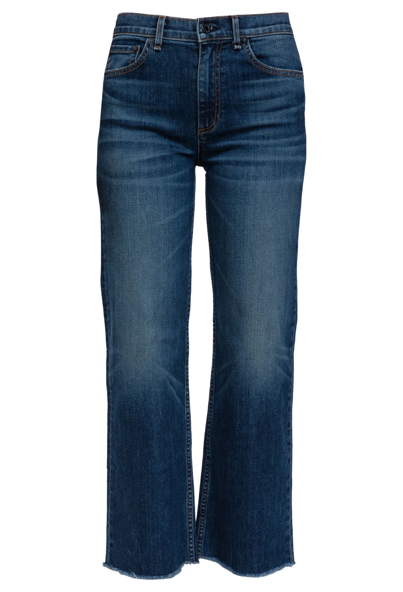 dark wash cropped jeans with a frayed ankle. transparent background.