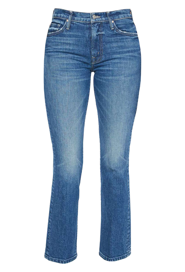 dark wash cropped jeans. white background.