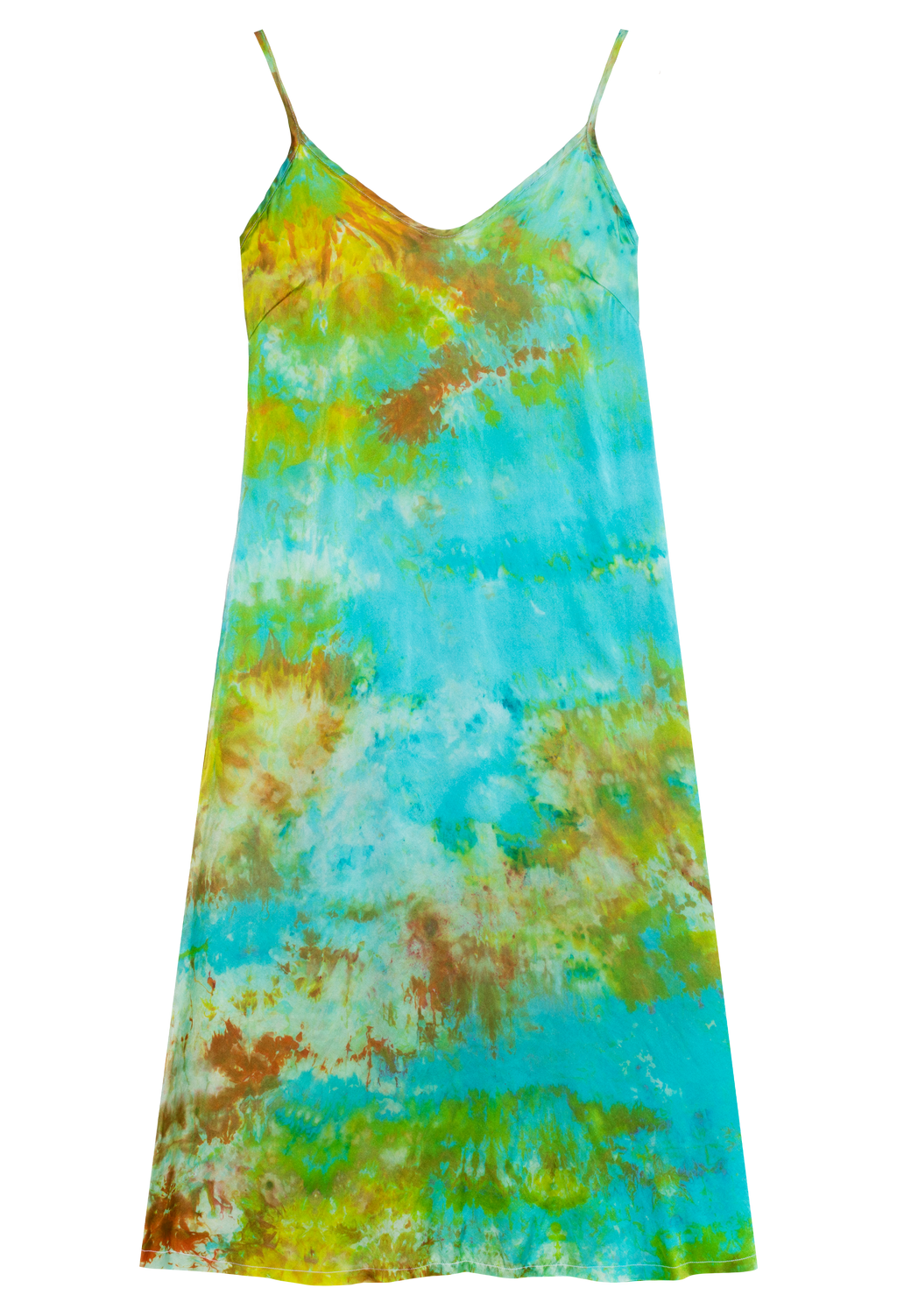 a blue, green, and yellow tie dyed slip dress. transparent background.