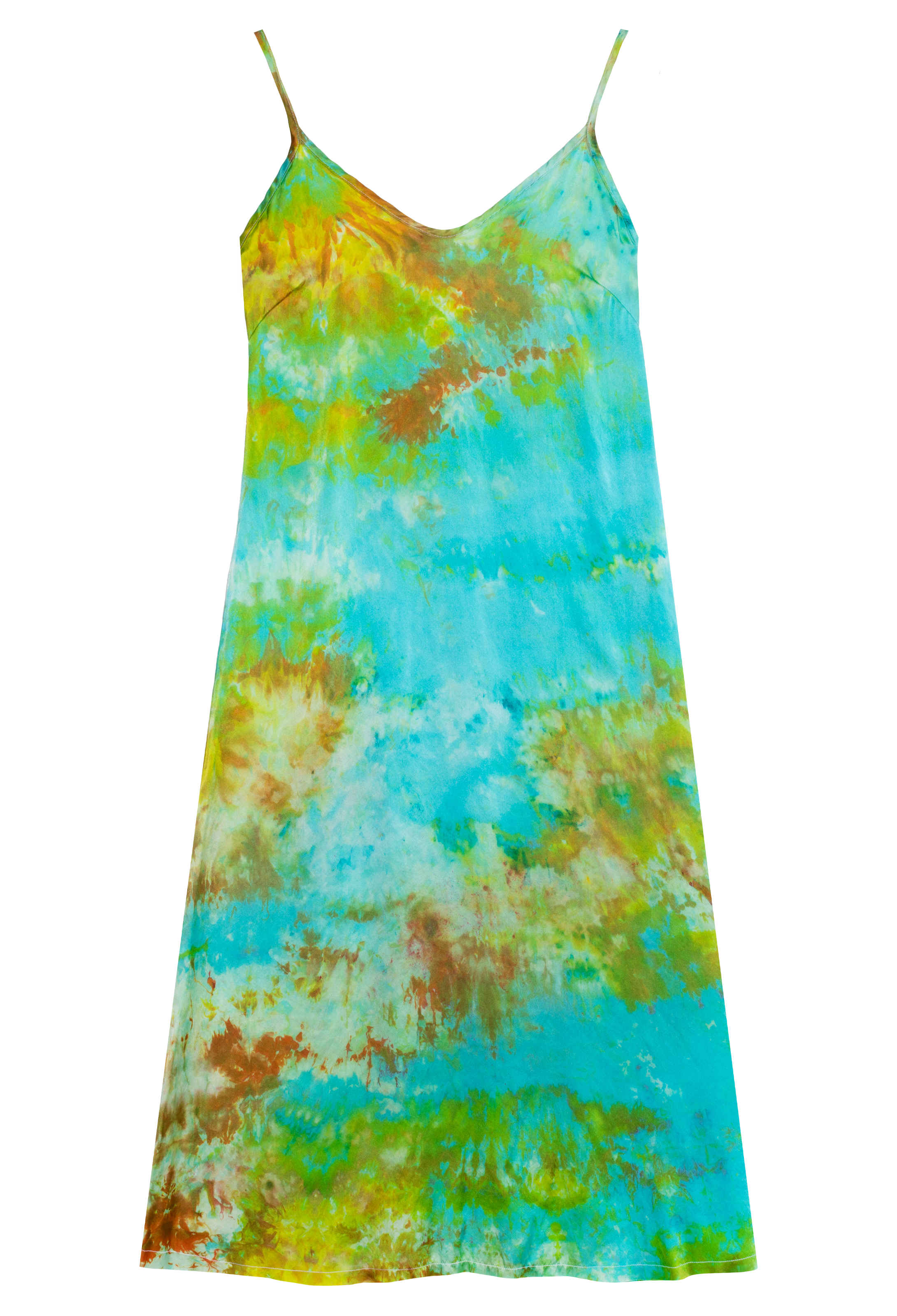 a blue, green, and yellow tie dyed slip dress. transparent background.