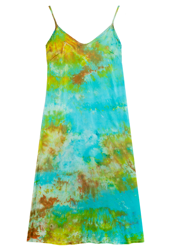 a blue, green, and yellow tie dyed slip dress. transparent background.