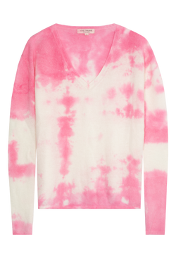 a hot pink and white tie dyed cashmere v-neck sweater. transparent background.