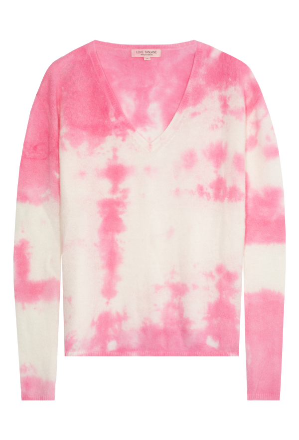 a hot pink and white tie dyed cashmere v-neck sweater. transparent background.