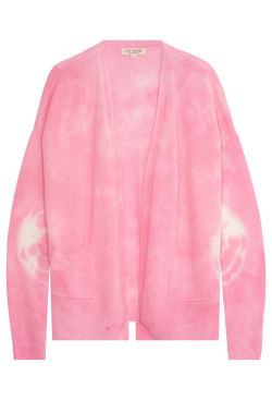 a pink and white tie dyed cashmere open cardigan with two front pockets. transparent background.