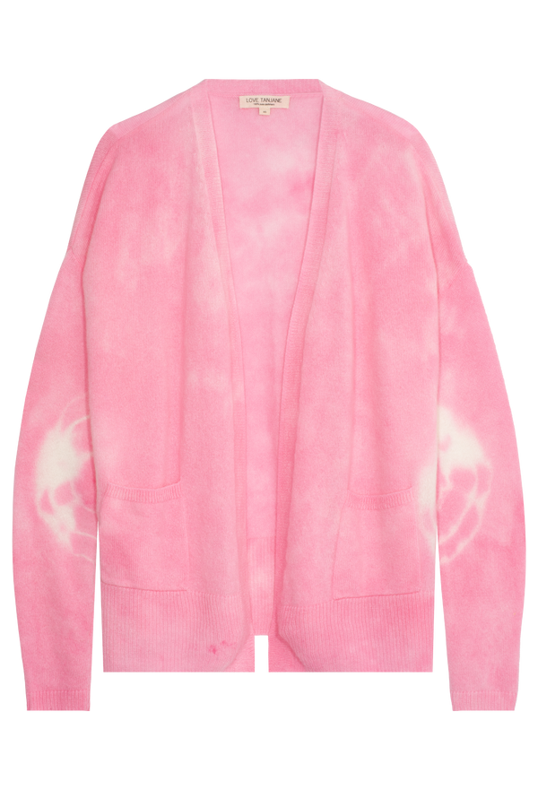 a pink and white tie dyed cashmere open cardigan with two front pockets. transparent background.